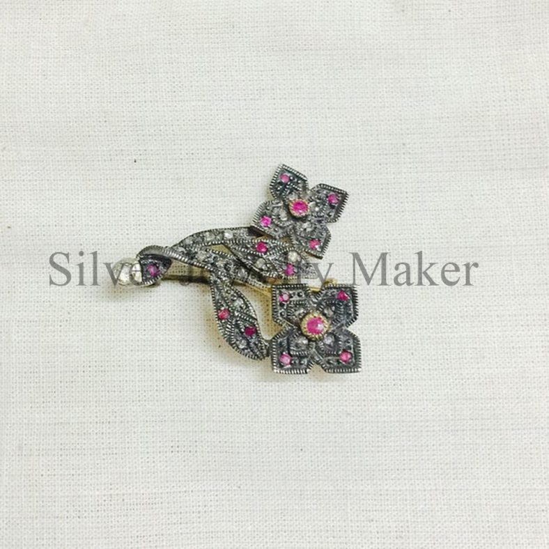 Handmade Ruby & Pave Diamond Oxidized 925 Sterling Silver Brooch Jewelry