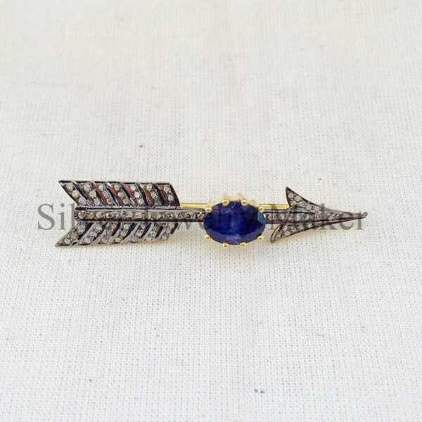 925 Sterling Silver Pave Diamond & Sapphire Arrow Brooch Jewelry
