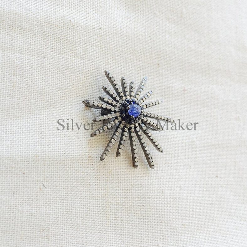 Pave Diamond,Sapphire & Oxidized Sterling Silver Sunburst Brooch Pin Jewelry