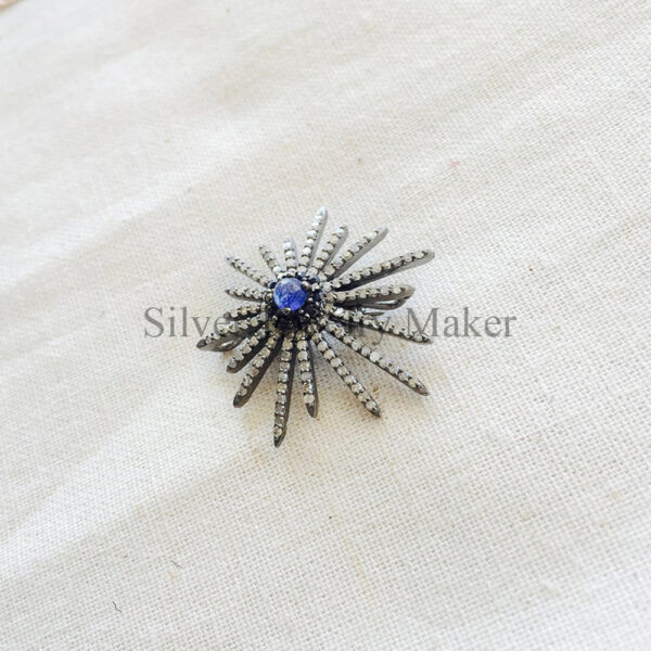 Pave Diamond,Sapphire & Oxidized Sterling Silver Sunburst Brooch Pin Jewelry
