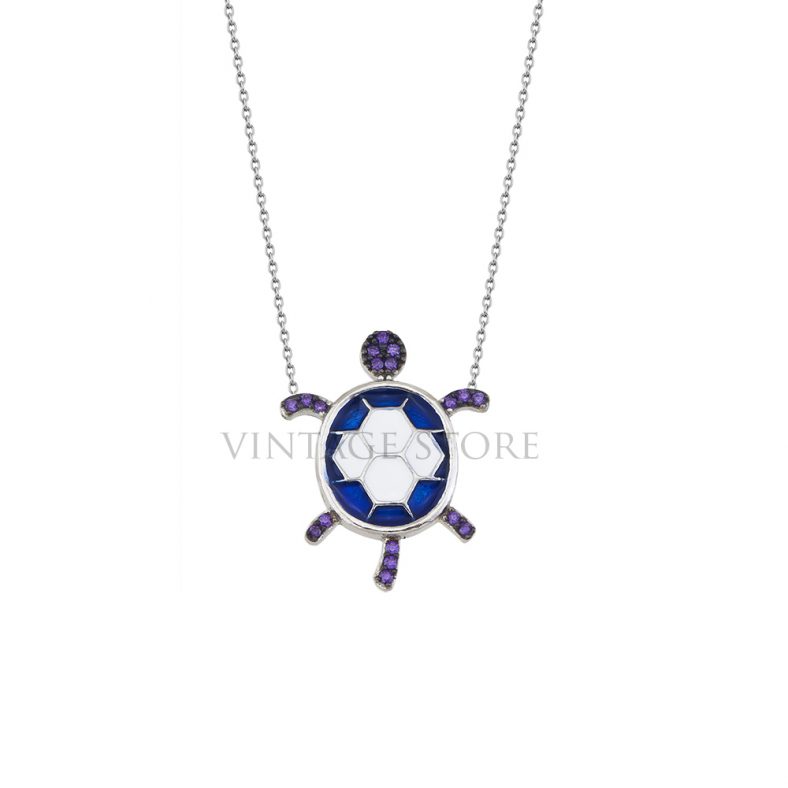 Sterling Silver Blue Purple Turtle Enamel Necklace Wholesale Silver Jewelry