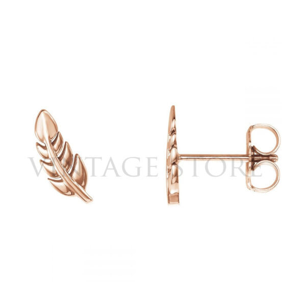 14k Rose Gold Leaf Stud Earrings Jewelry, Handmade Rose Gold Leaf Feather Stud Earrings Jewelry