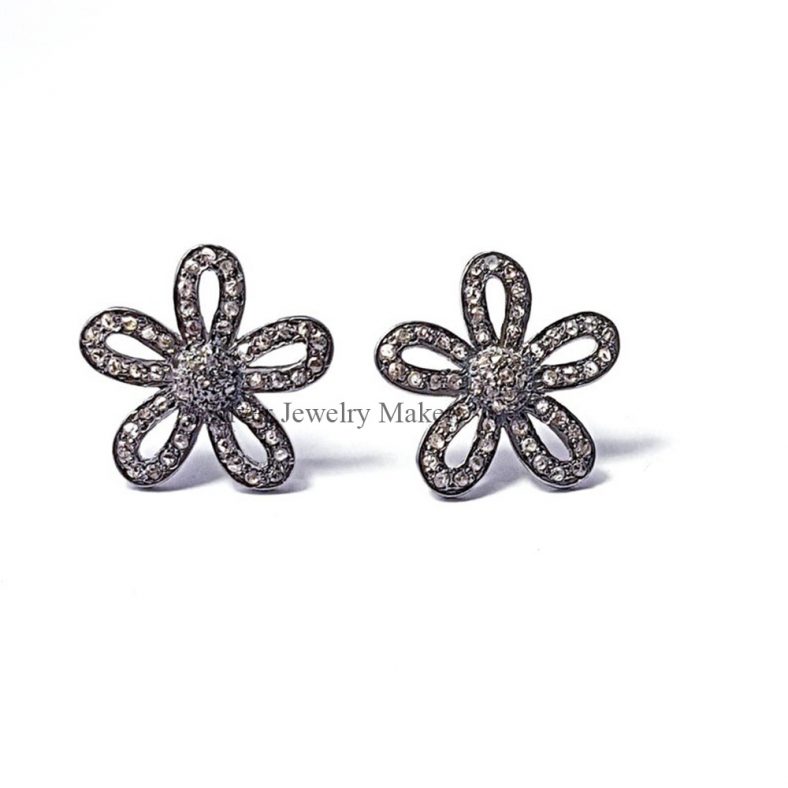 Pave Diamond Flower Silver Stud Earrings Jewelry