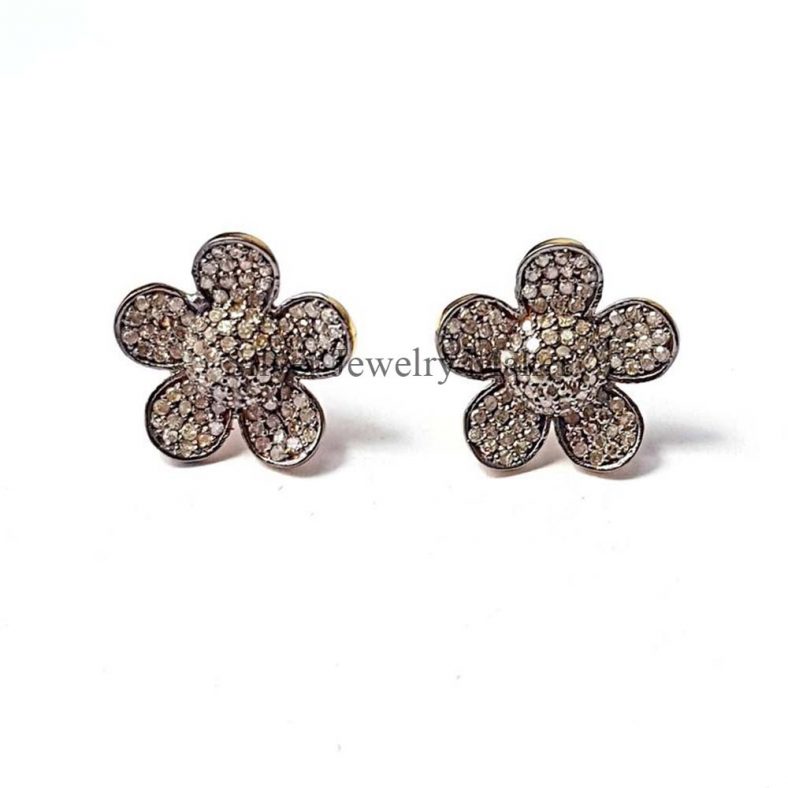 Pave Diamond Flower Shape Silver Earrings Stud Earrings Jewelry