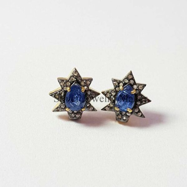 Pave Diamond Handmade Sterling Silver Sapphire Stud Earrings Jewelry
