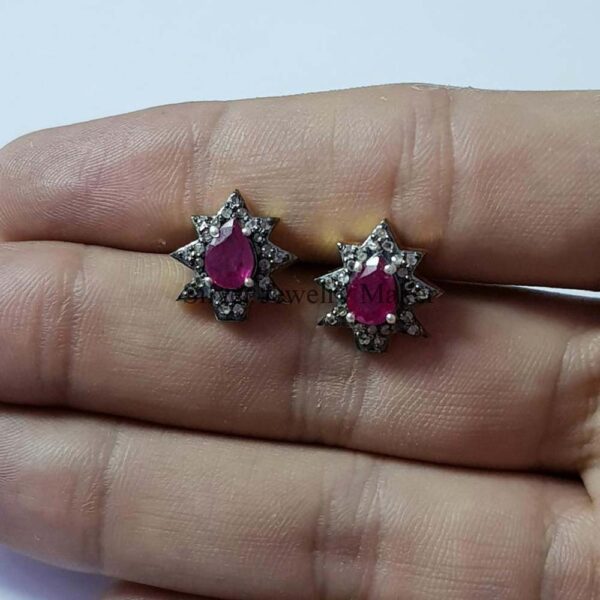 Pave Diamond Handmade Sterling Silver Ruby Stud Earrings Jewelry