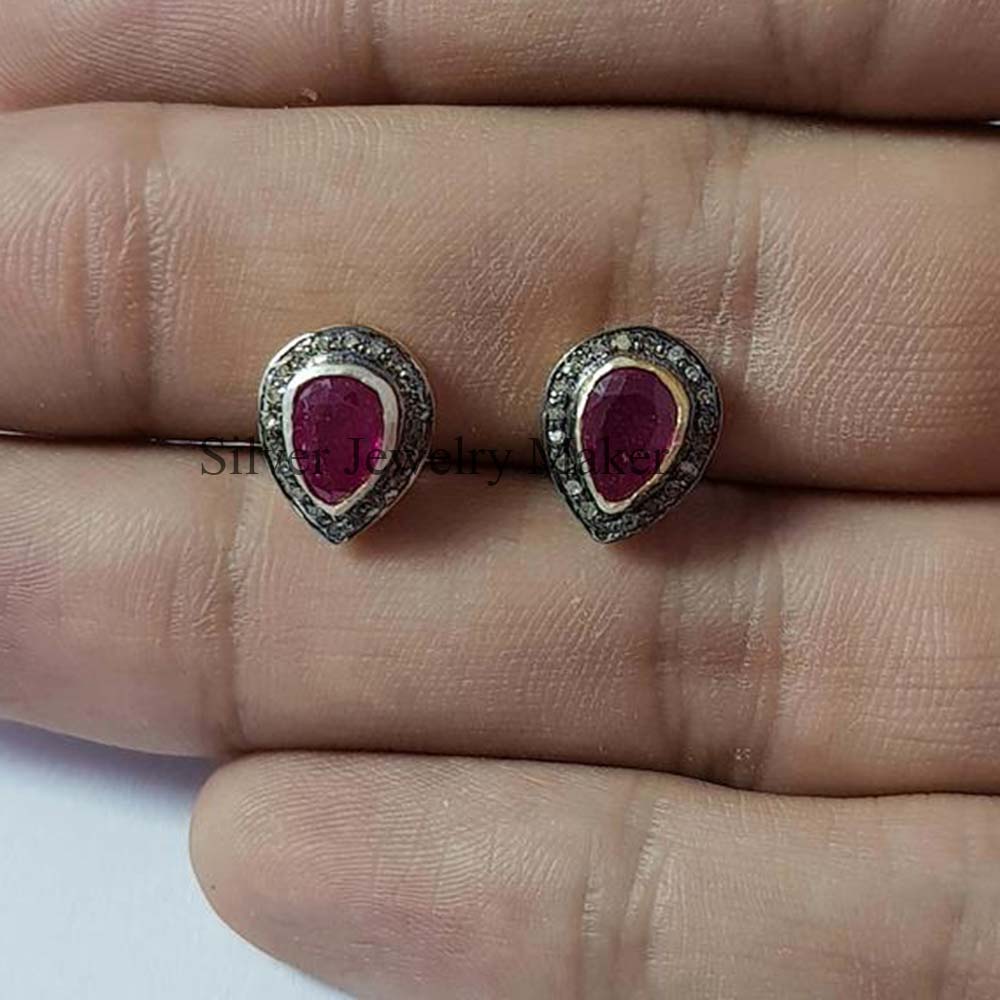 Natural Oval Ruby & Pave Diamond Earring Handmade 925 Sterling Silver Jewelry 