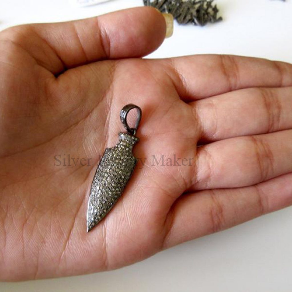 25 Pieces Wholesale Natural Pave Diamond Arrowhead Charm Pendant Finding Over 925 Sterling Silver Antique Finish Charm