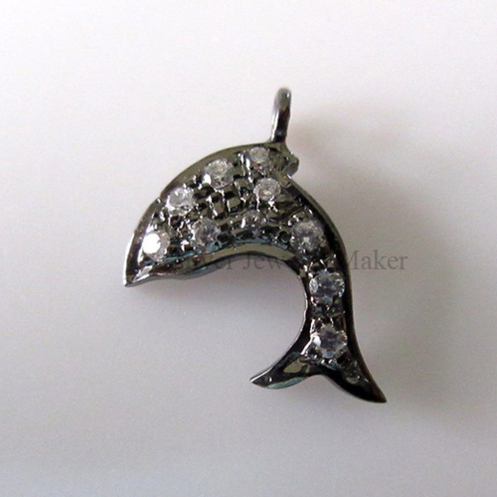 5 pcs Dolphin Sterling Silver Connector Charm Pendant, Wholesale Pave Diamond Pendant, White Topaz Pendant