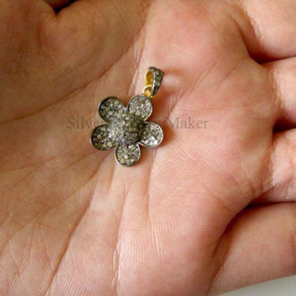5 Pieces Wholesale Pave Diamond Tiny Flower Charm Pendant Finding Over 925 Sterling Silver Antique Finish Charm