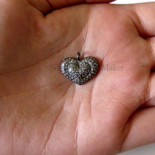 5 Pieces Wholesale Pave Diamond Heart Charm Pendant Finding Over 925 Sterling Silver Antique Finish Charm