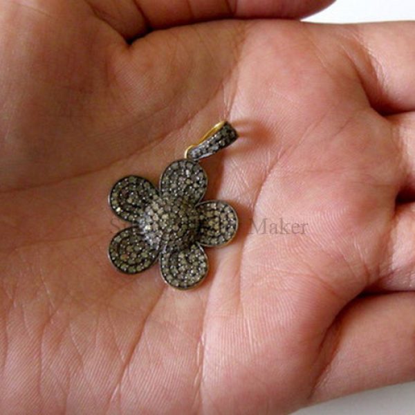 5 Pieces Wholesale Pave Diamond Flower Charm Pendant Finding Over 925 Sterling Silver Antique Finish Charm