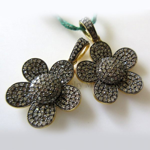 5 Pieces Wholesale Pave Diamond Flower Charm Pendant Finding Over 925 Sterling Silver Antique Finish Charm