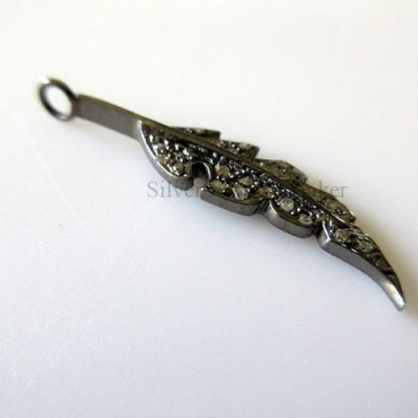 25 Pieces Wholesale Natural Pave Diamond Feather Charm Pendant Finding Over 925 Sterling Silver Antique Finish Charm