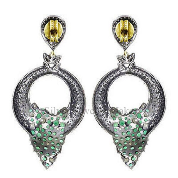 Emerald Dangle Earrings Diamond Studded 925 Sterling Silver Vintage Gold jewelry