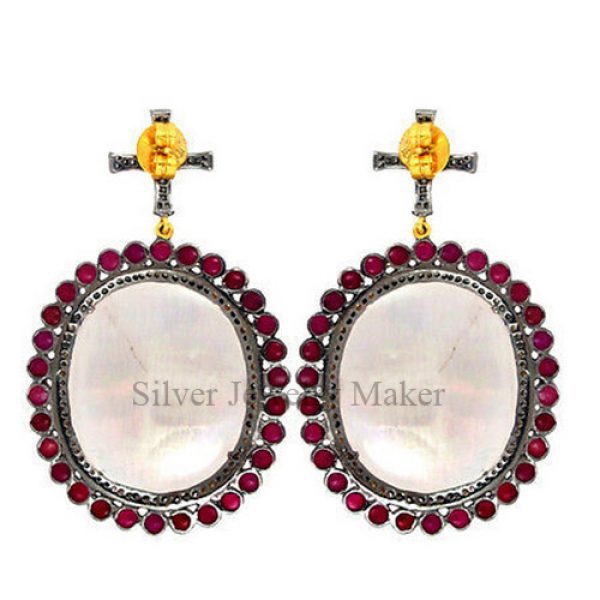 Rainbow Moonstone 14k Gold Pave Diamond Dangle Earrings .925 Silver Ruby Jewelry