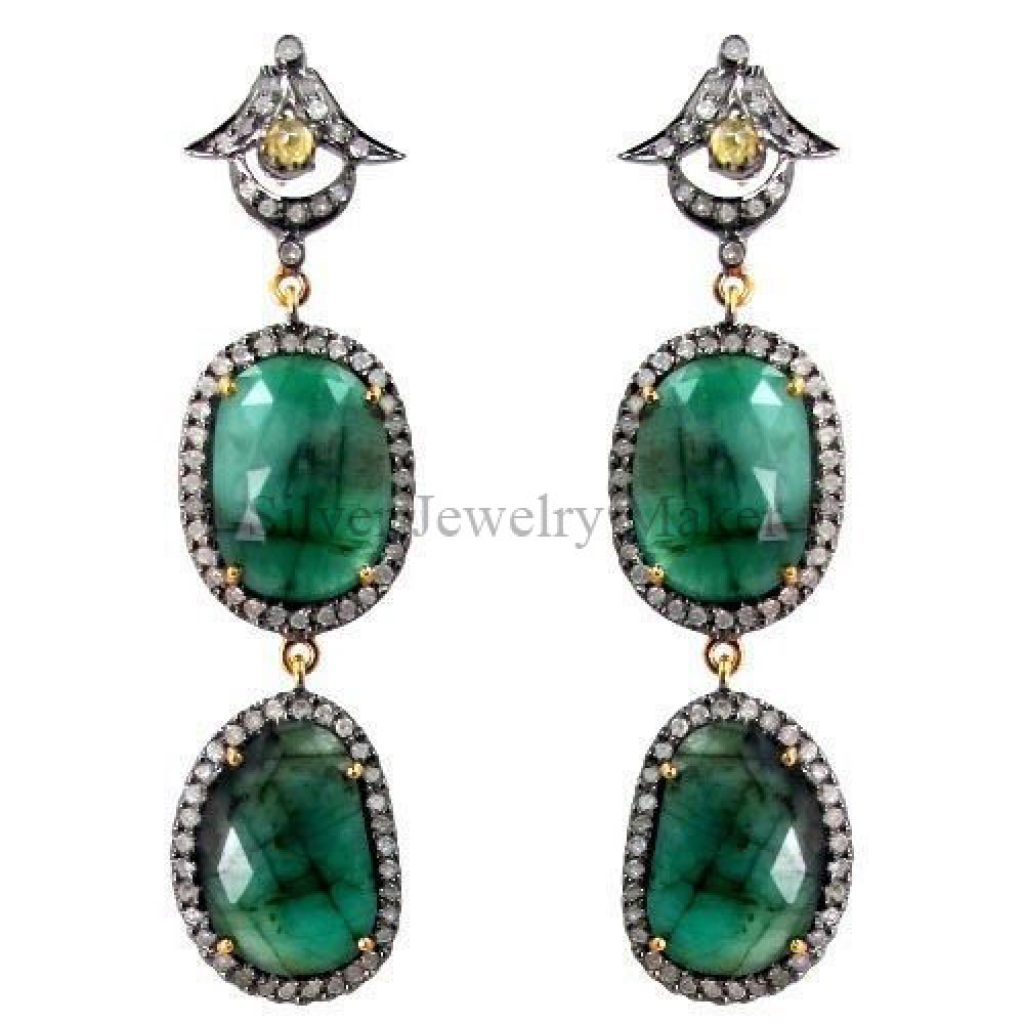 Emerald Gemstone 14k Gold Pave Diamond Dangle Earrings .925 Silver Women Jewelry