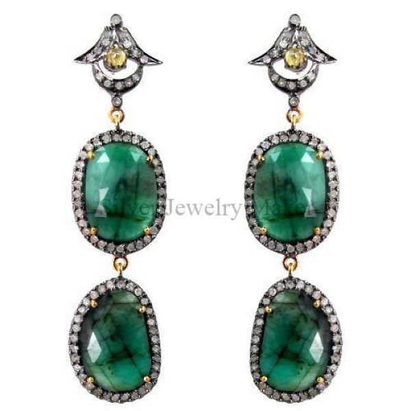 Emerald Gemstone 14k Gold Pave Diamond Dangle Earrings .925 Silver Women Jewelry