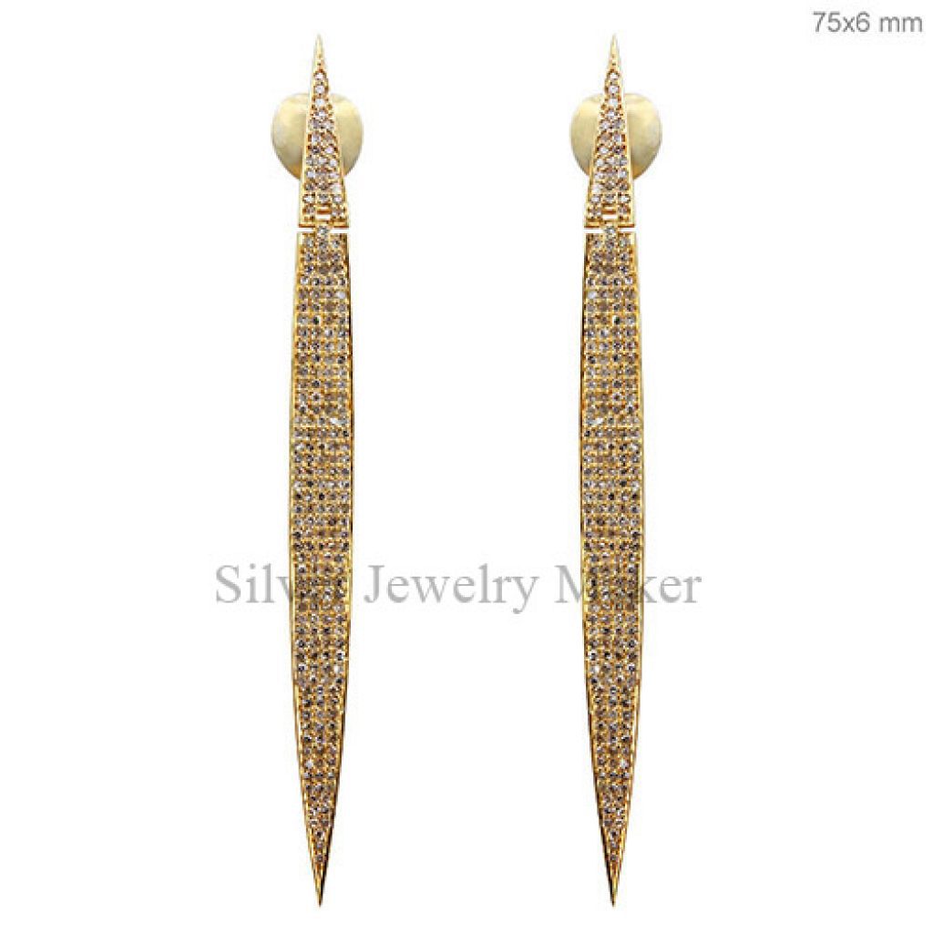 Solid 14K Yellow Gold Diamond Studded Stick Long Earrings Fashion Jewelry