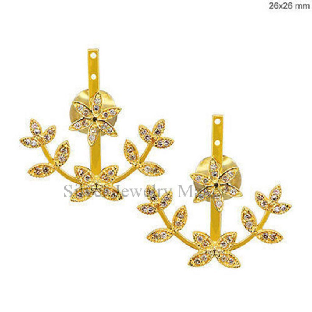 14k Yellow Gold Stud Ear Jacket Earrings Diamond Pave Jewelry