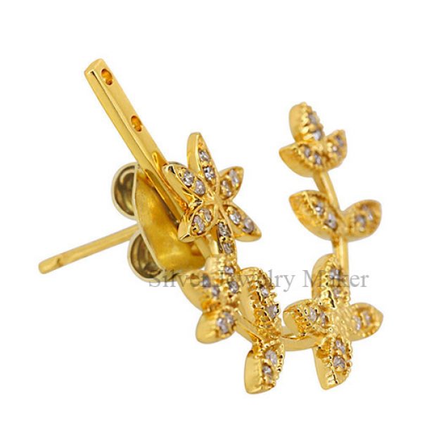 14k Yellow Gold Stud Ear Jacket Earrings Diamond Pave Jewelry