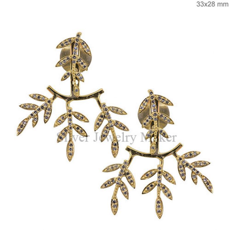 14k Yellow Gold LEAF Ear Jackets Pave Natural Diamond Earrings Fine Jewelry