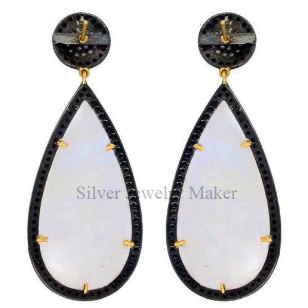 Diamond 3.53 Ct Pave 925 Silver Moonstone Drop Dangle Earrings 14 K Gold Jewelry