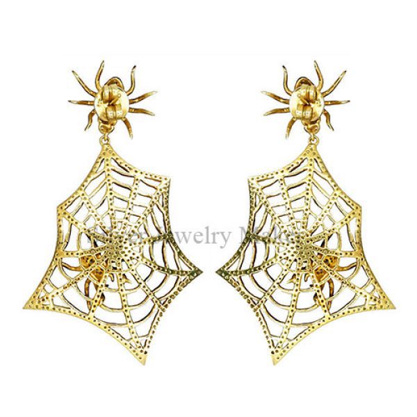 2.4ct Diamond Pave HALLOWEEN Silver Web/Spider Dangle Earrings 14 K Gold Jewelry