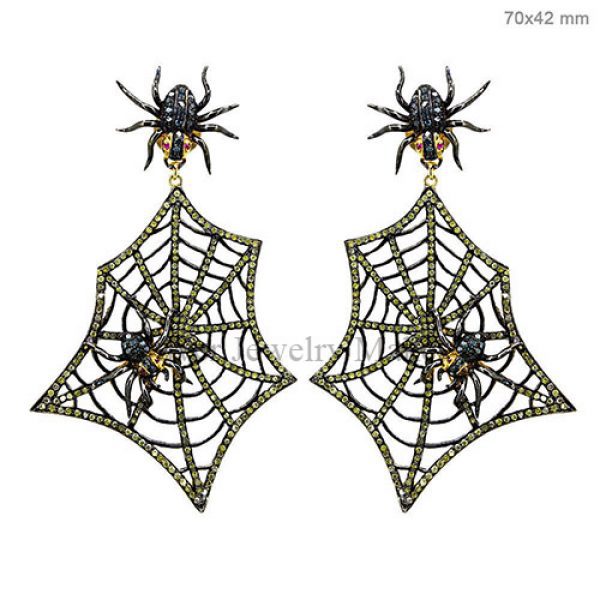 2.4ct Diamond Pave HALLOWEEN Silver Web/Spider Dangle Earrings 14 K Gold Jewelry