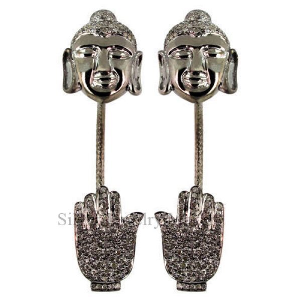 3.17ct Diamond Pave 925 Silver HAMSA HAND Stick Earrings 14 K Gold Women Jewelry