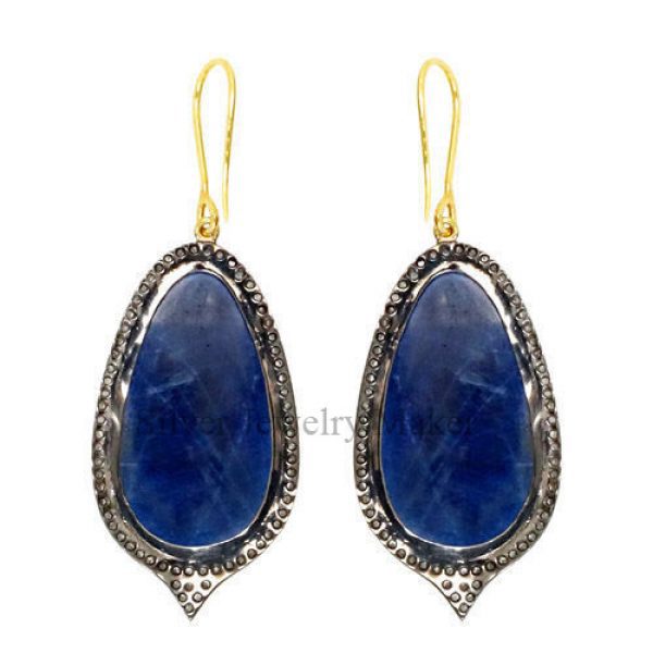 Sapphire Gemstone 14 K Gold Dangle Hook Earrings 925 Silver Diamond Pave Jewelry