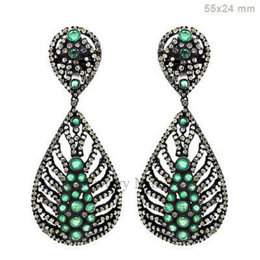 14k Gold 3.7ct Diamond Pave 925 Silver Emerald Dangle Drop Earrings Fine Jewelry
