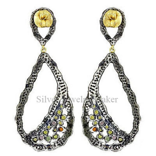 Sapphire Gemstone .925 Silver Pave 3.43ct Diamond Dangle Drop Earrings 14 K Gold Jewelry