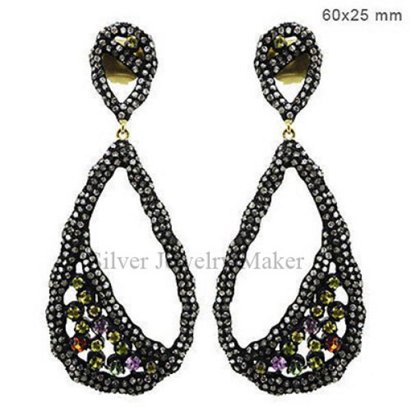 Sapphire Gemstone .925 Silver Pave 3.43ct Diamond Dangle Drop Earrings 14 K Gold Jewelry