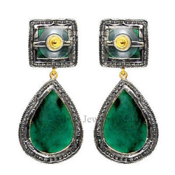 Emerald Gemstone 14 K Gold Dangle Drop Earrings .925 Silver Pave Diamond Jewelry