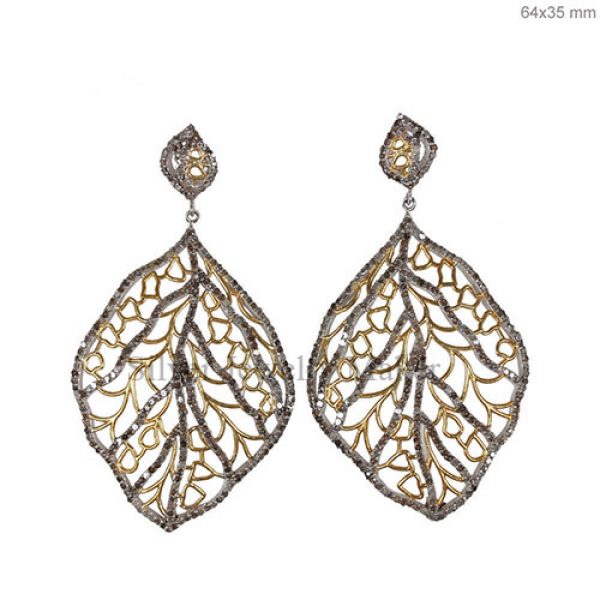 Leaf Design Pave Diamond Dangle Earrings 925 Sterling Silver Vintage Jewelry