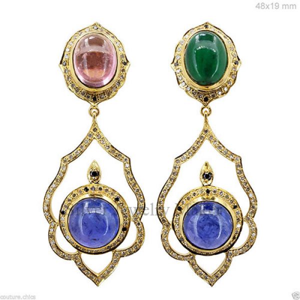 Sterling Silver Studded Diamond Gemstone Emerald Tanzanite Dangle Earrings Jewelry