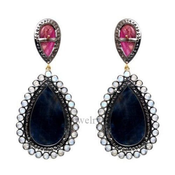 14k Gold SaApphire Dangle Drop Earrings 925 Silver Diamond Pave Gemstone Jewelry