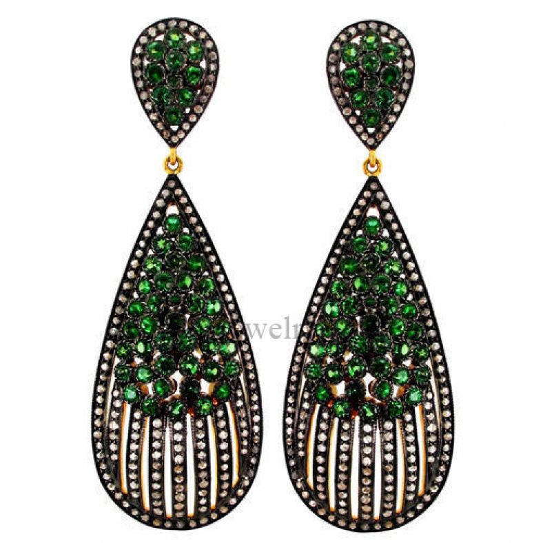 Tsavorite Gemstone 14k Gold Dangle Drop Earrings 925 Silver Pave Diamond Jewelry