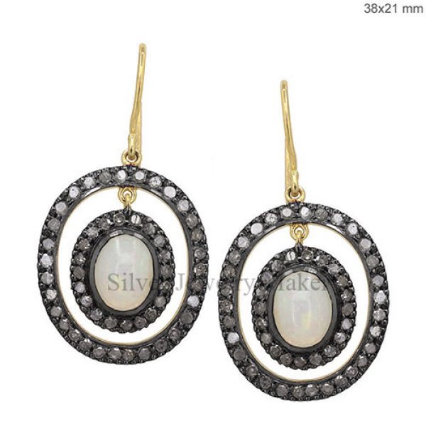 Opal Gemstone 14k Gold Dangle Hook Earrings Sterling Silver Pave Diamond Jewelry