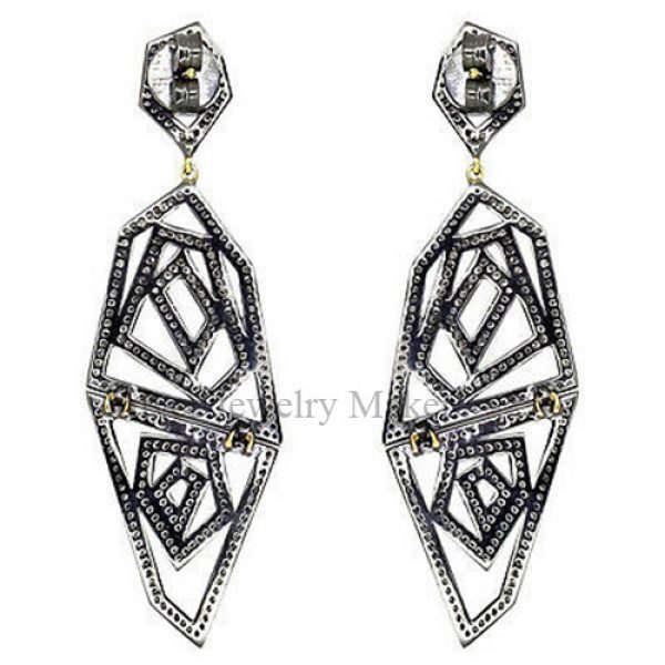 925 Sterling Silver Pave 3.0ct Diamond Dangle Earrings 14k Gold Designer Jewelry