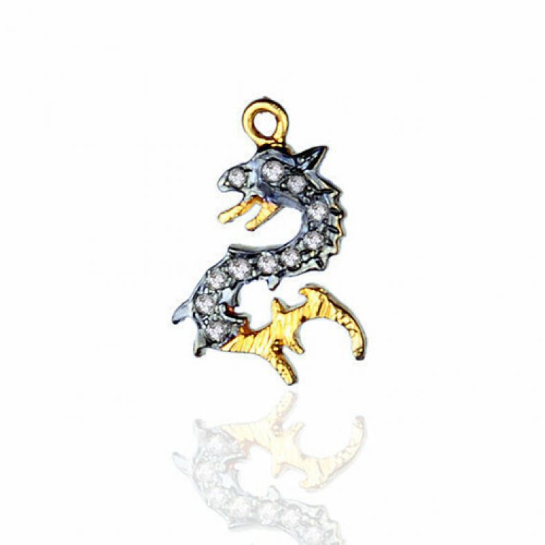 Natural Diamond Pave Dragon Charm Pendant Sterling Silver Vintage Style Jewelry