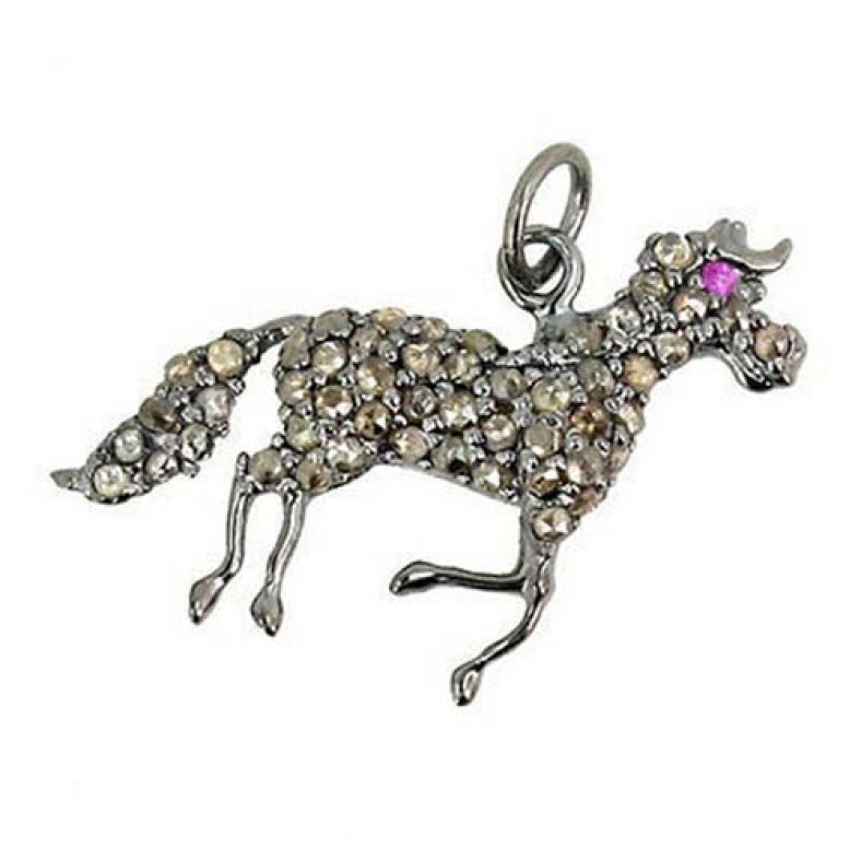 Ruby Diamond HORSE Charm Pendant Fine .925 Sterling Silver Gemstone Jewelry