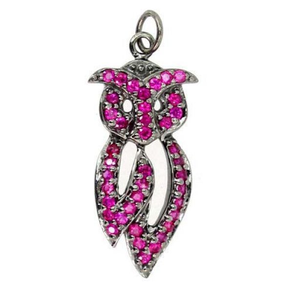 Ruby Gemstone Pave 925 Sterling Silver OWL Pendant Designer Antique Look Jewelry