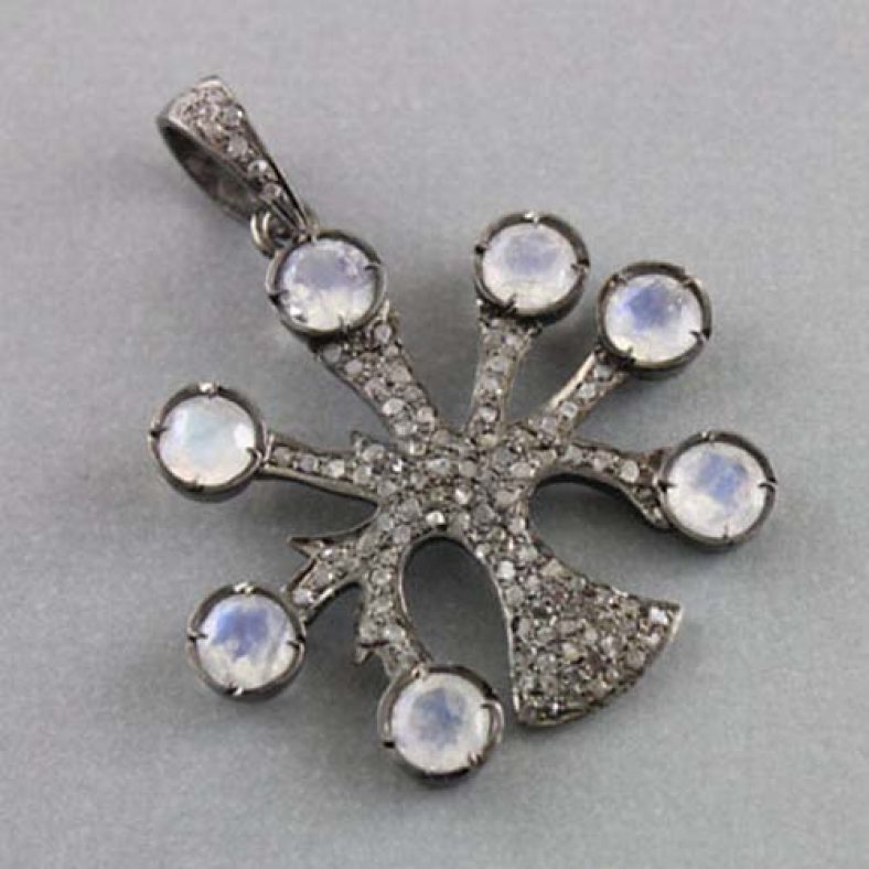 Genuine Moonstone Gemstone Tree of Life Pendant Diamond Solid Sterling Silver Jewelry