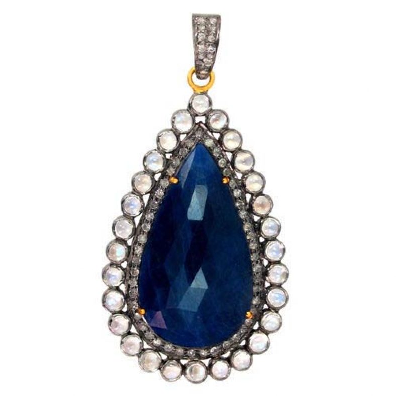 Sapphire Gemstone 14 K Gold Pave Diamond 925 Silver Pendant Vintage Look Jewelry