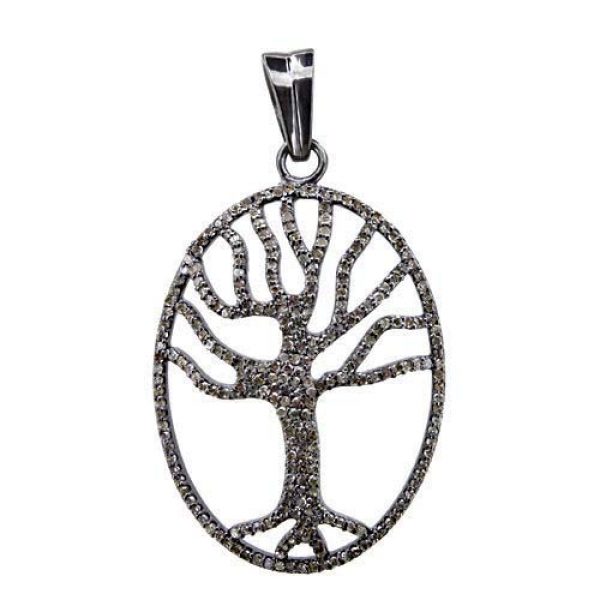 1.59 Ct Diamond Pave Designer Life Of Tree Oval Pendant 925 Silver Jewelry