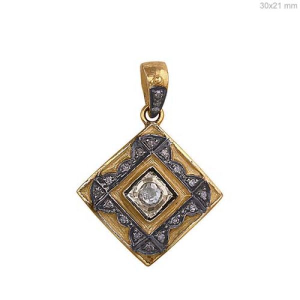 925 Sterling Silver 0.76 Ct Rose Cut Diamond Pave Square Shape Pendant