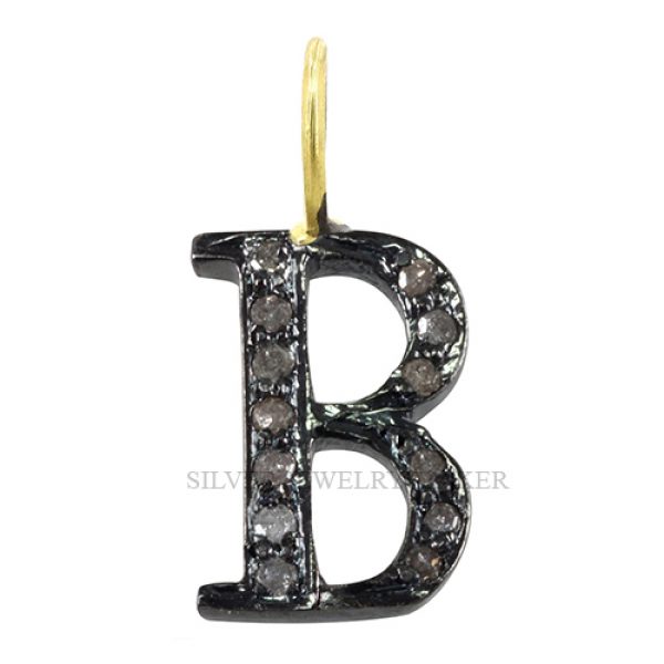 Alphabet B Initial Letter Pave Diamond Charm Pendant 925 Sterling Silver Jewelry