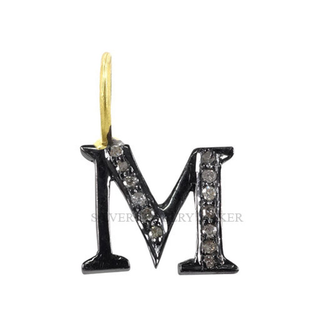 Natural Diamond Pave Initial M Letter Charm Pendant .925 Sterling Silver Jewelry